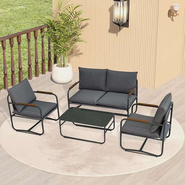 Unbranded Dark Gray 4-Piece Aluminum Patio Conversation Set with Dark Gray Cushions
