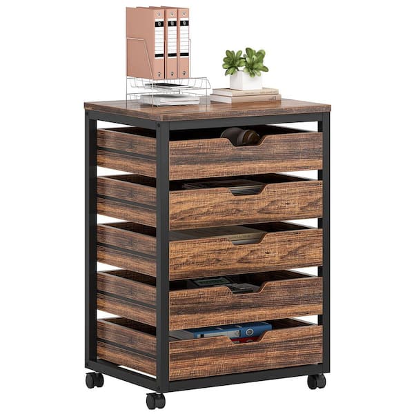 Brown 31 in. H Office Storage Cabinet with 5 of Shelves with Wheels