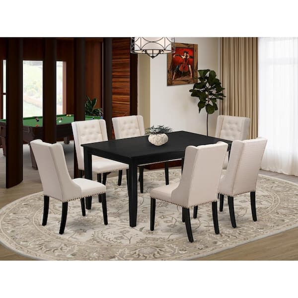 East West Furniture 7-Piece Rectangle Black Finish Solid Wood Top Dining Table with 6 Chairs with Lattice Back