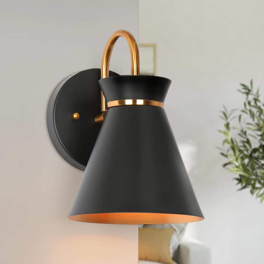 Industrial 6 in. 1-Light Black Indoor Wall Sconce with Metal Cone Shade for Foyer, Classic Wall Light with Brass Accent price history on PriceWatchPro