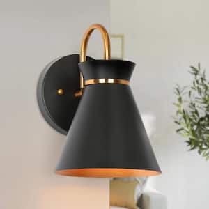 6 in. 1-Light Black Indoor Wall Sconce, Modern Polished Brass Bathroom Vanity Light, Classic Cone Wall Light