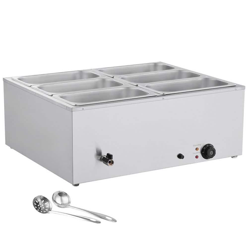 Commercial Food Warmer,1500W Electric Stainless Steel Steam Food Warmer,6-Pan Fast Heating Countertop Buffet Bain Marie