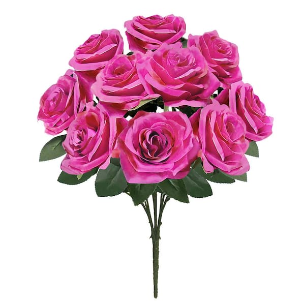 LIVING LUXURY 18 in. Deluxe Fuchsia Artificial Queen Rose Flower Stem Bush Bouquet (Set of 2)