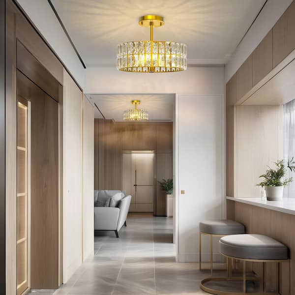 YANSUN 12 in. 3-Light Crystal Pendant Light Gold Chandelier