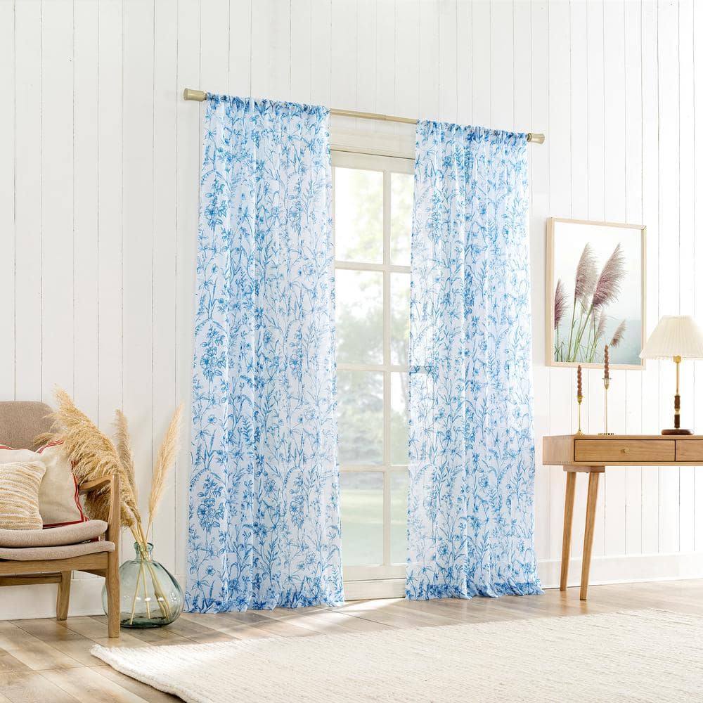 Chinoiserie Blue Sheer Floral Rod Pocket Curtain Panel