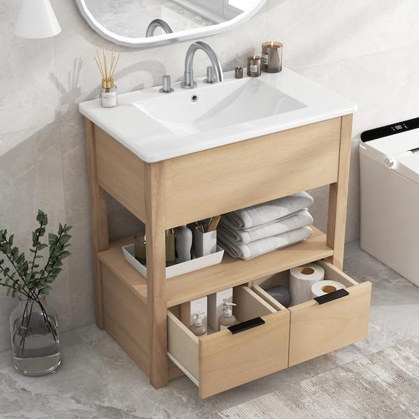 Unbranded 30 in. W. x 18 in. D x 32 in. H Single Sink Bath Vanity in Oak with White Ceramic Top and Open Storage Shelf, 2-Drawers