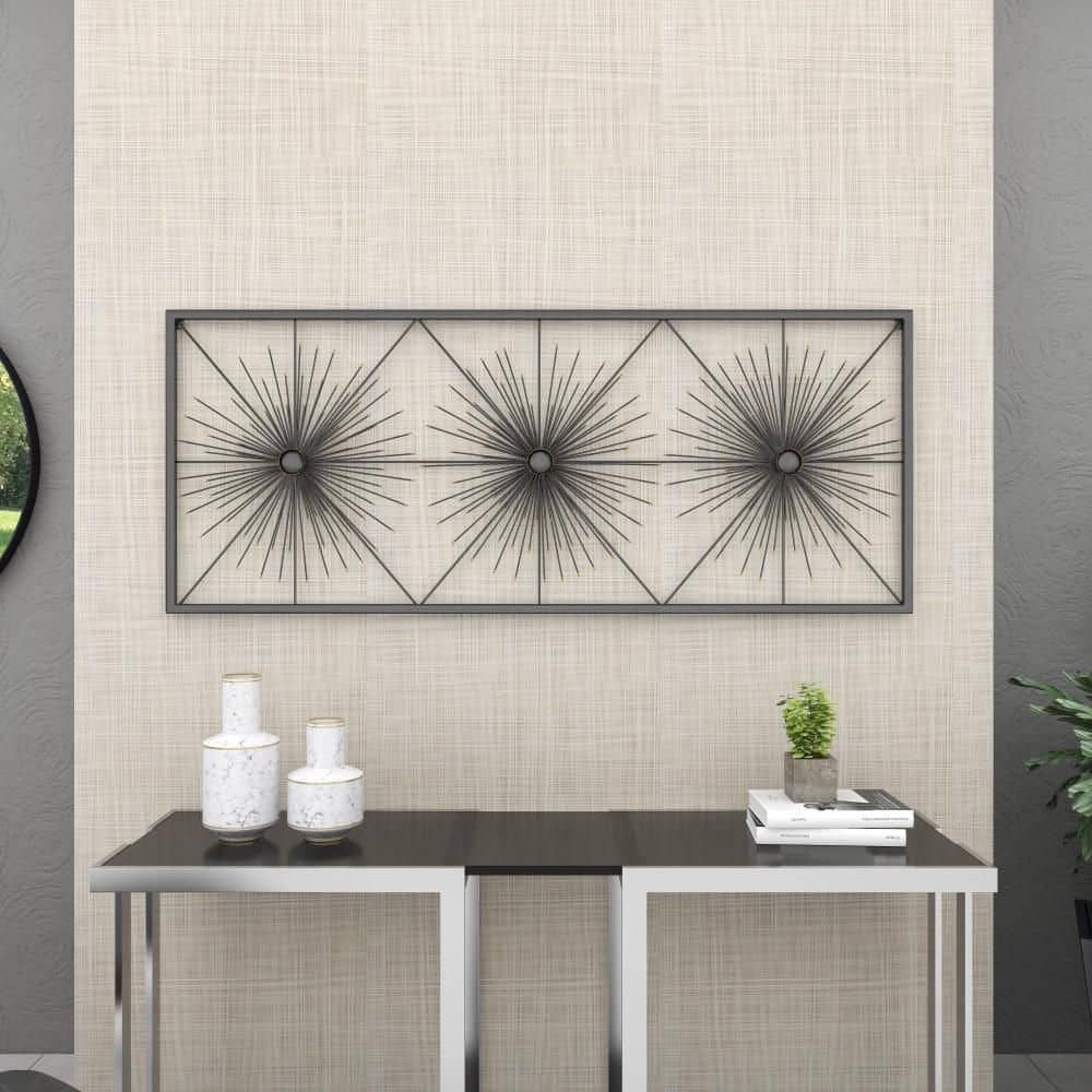 Black Metal Starburst Wall Sculpture with Frame, 59" x 24"
