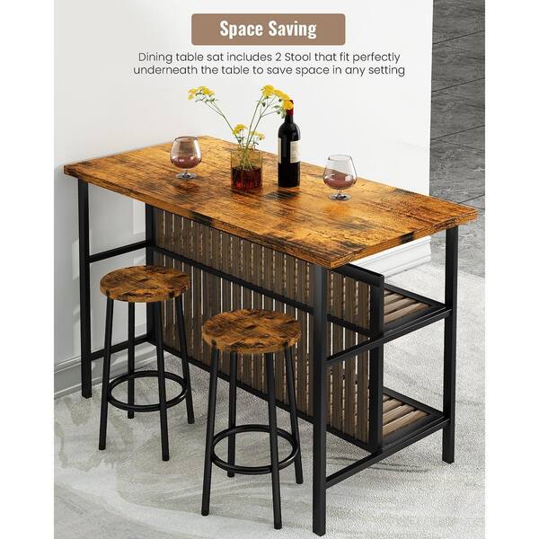 mieres Dora 3-Piece Rectangle Wood Top Rustic Brown Dining Table