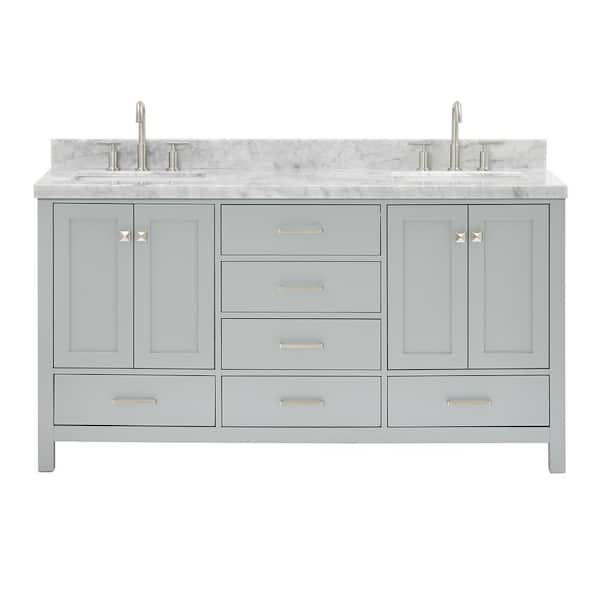 Cambridge 66 in. Double Sink Freestanding Bathroom Vanity in Gray with Carrara White Marble Top