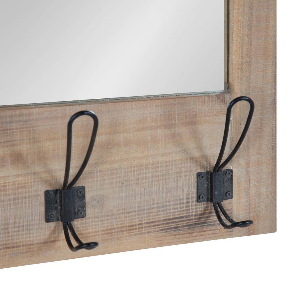 Rustic Brown Wood Wall Mirror with Hooks and Iron Bar