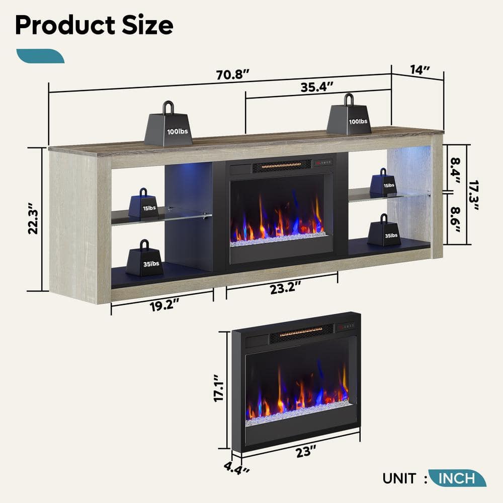 Light Grey Modern TV Stand with Electric Fireplace and LED Lights