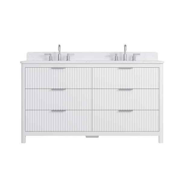 Gwen 61 in. Double Sink Freestanding White Bath Vanity with Carrara White Engineered Stone Top and Backsplash Assembled
