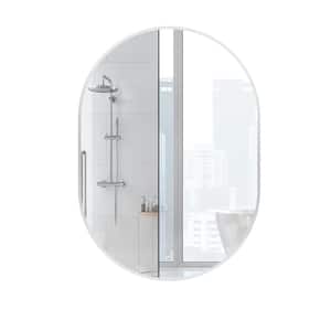 Athena 20 in. W x 28 in. H Small Oval Aluminum Framed Wall Bathroom Vanity Mirror in Brushed Silver