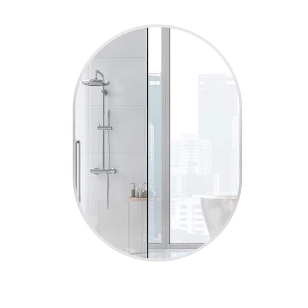 HBEZON Athena 20 in. W x 28 in. H Small Oval Aluminum Framed Wall Bathroom Vanity Mirror in Brushed Silver