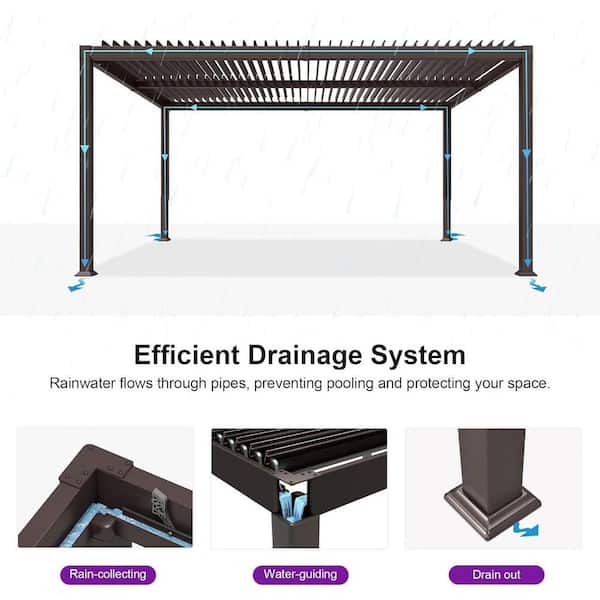 11.6 ft. x 15.1 ft. Bronze Aluminum Outdoor Louvered Pergola with 2-Individual Adjustable Roofs and In-Built Gutter
