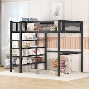 Black Twin Size Metal Loft Bed with 4-Tier Shelves and Bedside Storage Shelve