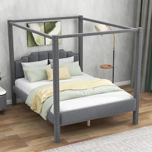 Queen Size Upholstery Canopy Platform Bed with Headboard and Support Legs,Gray