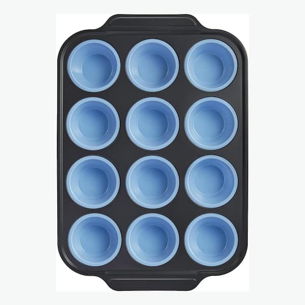 Silicone 12-Cup Muffin Pan with Metal Frame Nonstick Bakeware for Oven Cupcake Egg Bite Mold Blue