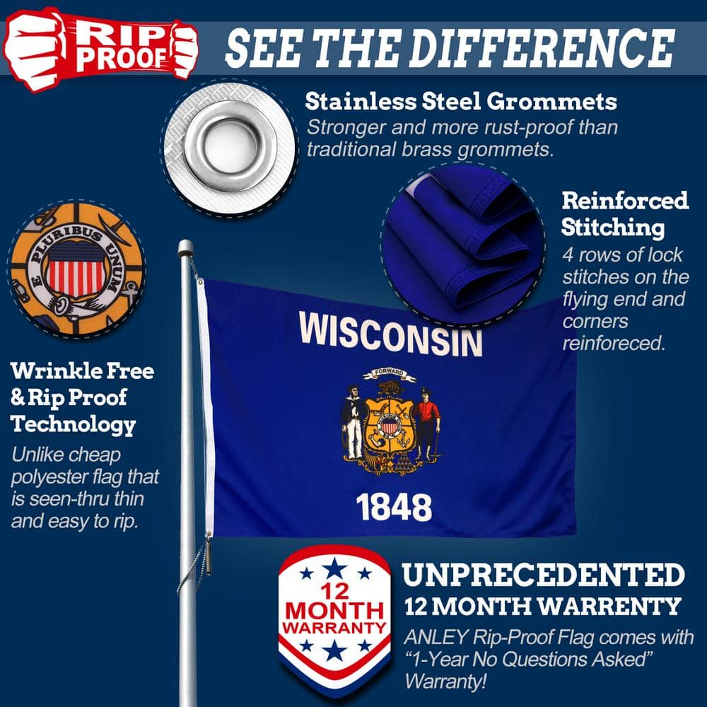 Rip-Proof Double Sided 3-Ply Wisconsin State Flag 3x5 Foot