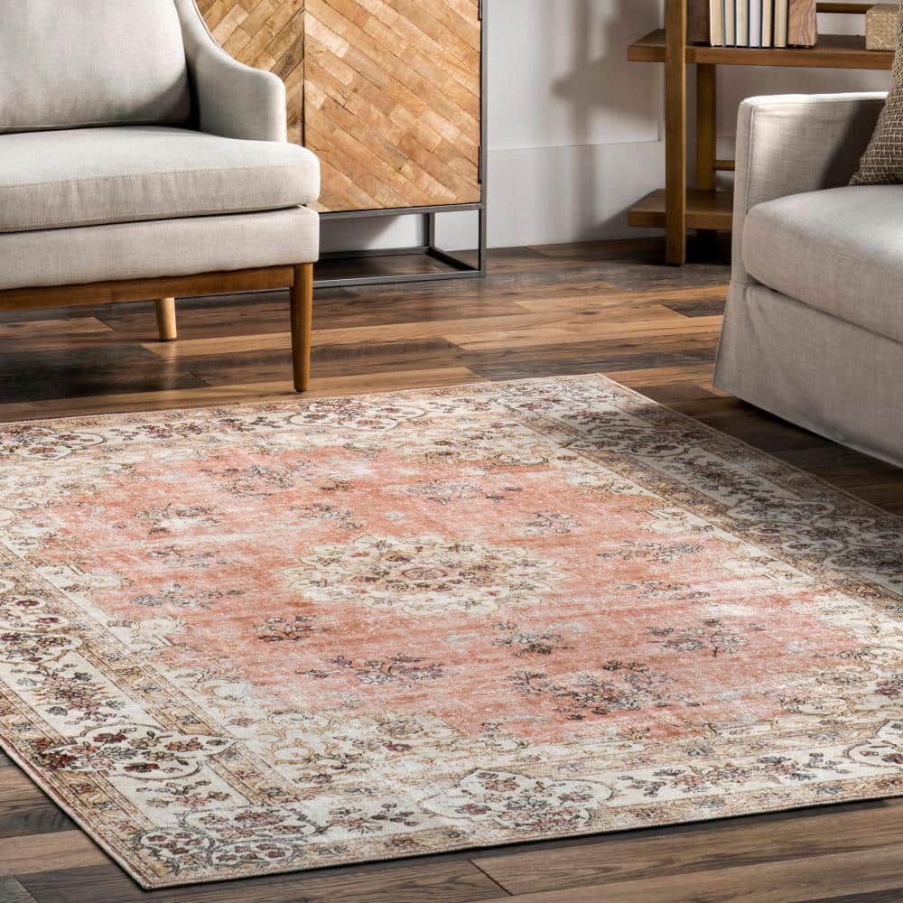 Peach and Cream 8' x 10' Vintage Floral Washable Rug