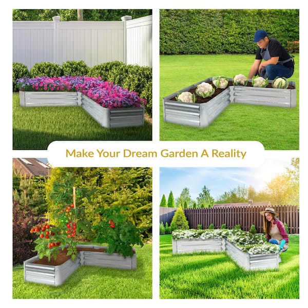 Sunnydaze L-Shaped Silver Galvanized Steel Raised Garden Bed HB