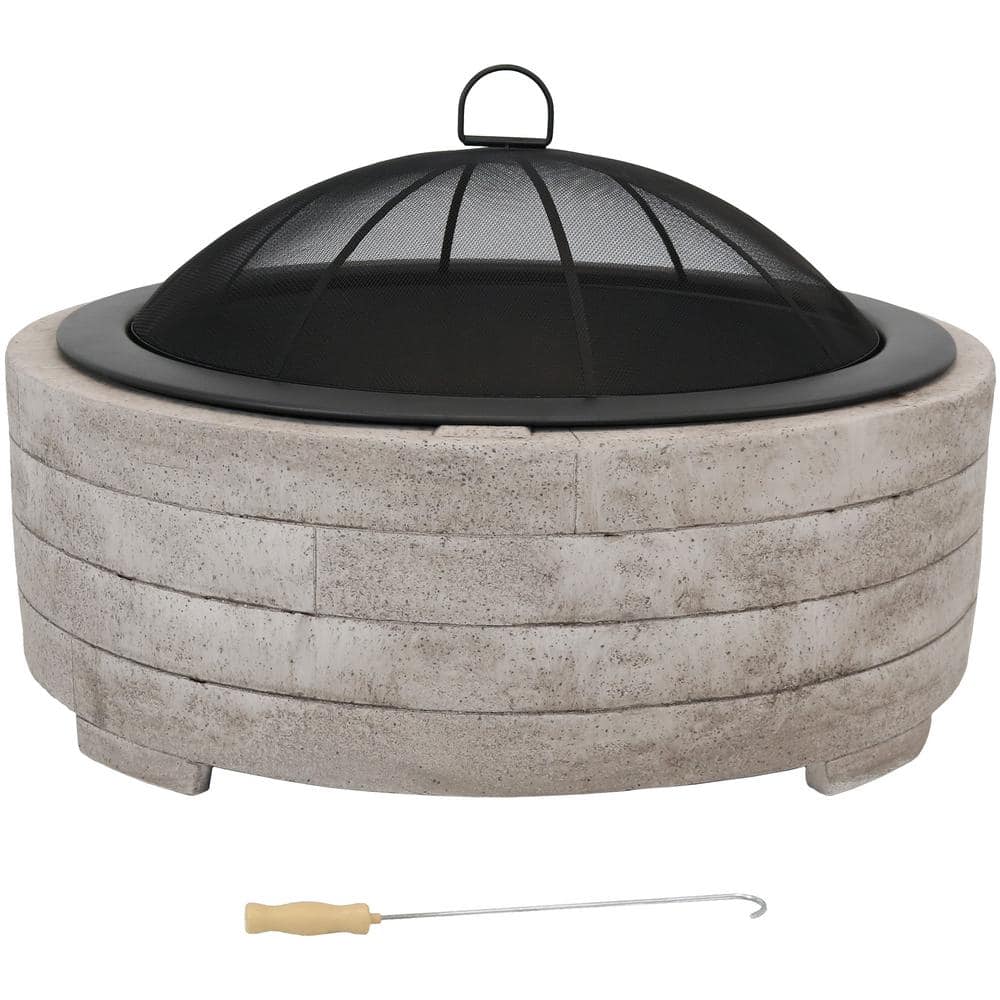 Large Round Gray Faux Stone Wood-Burning Fire Pit with Handles