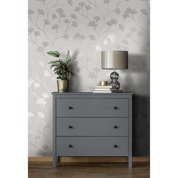 Glistening Ginkgo Leaf Silver Non-Pasted Wallpaper (Covers 56 sq. ft.)