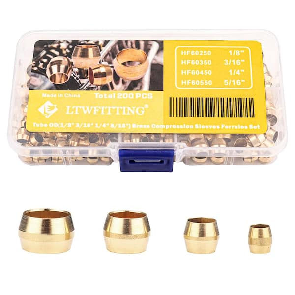 Assortment Kit 1/8 3/16 1/4 5/16 in. OD Compression Sleeves Ferrules, Brass Compression Fittings(Pack of 200)