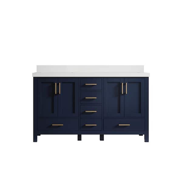 Willow Collections Malibu 60 in. W x 22 in. D x 36 in. H Double Sink Bath Vanity in Navy Blue with 2 in. White Quartz Top