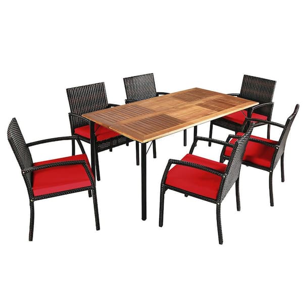 ANGELES HOME 7-Piece PE Rattan Wicker Rectangle Acacia Wood Table Outdoor Dining Set with Umbrella Hole and Red Cushions