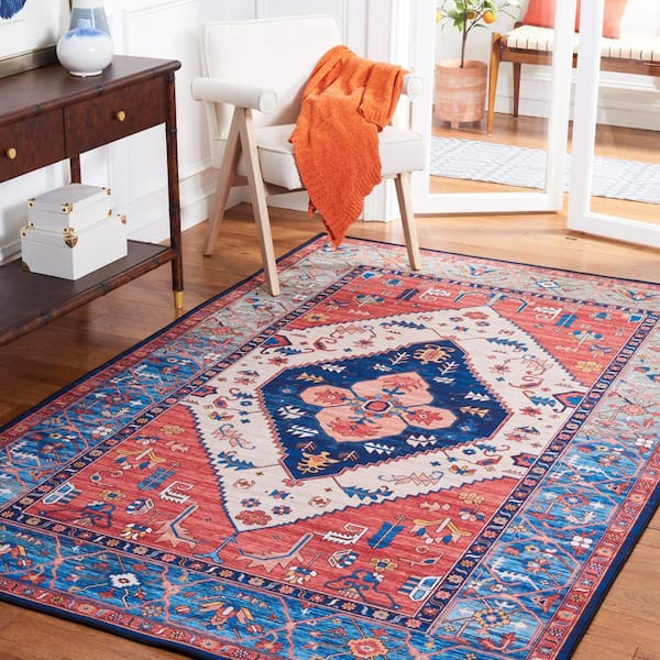 Tuscon Rust/Blue 8 ft. x 10 ft. Machine Washable Medallion Border Area Rug