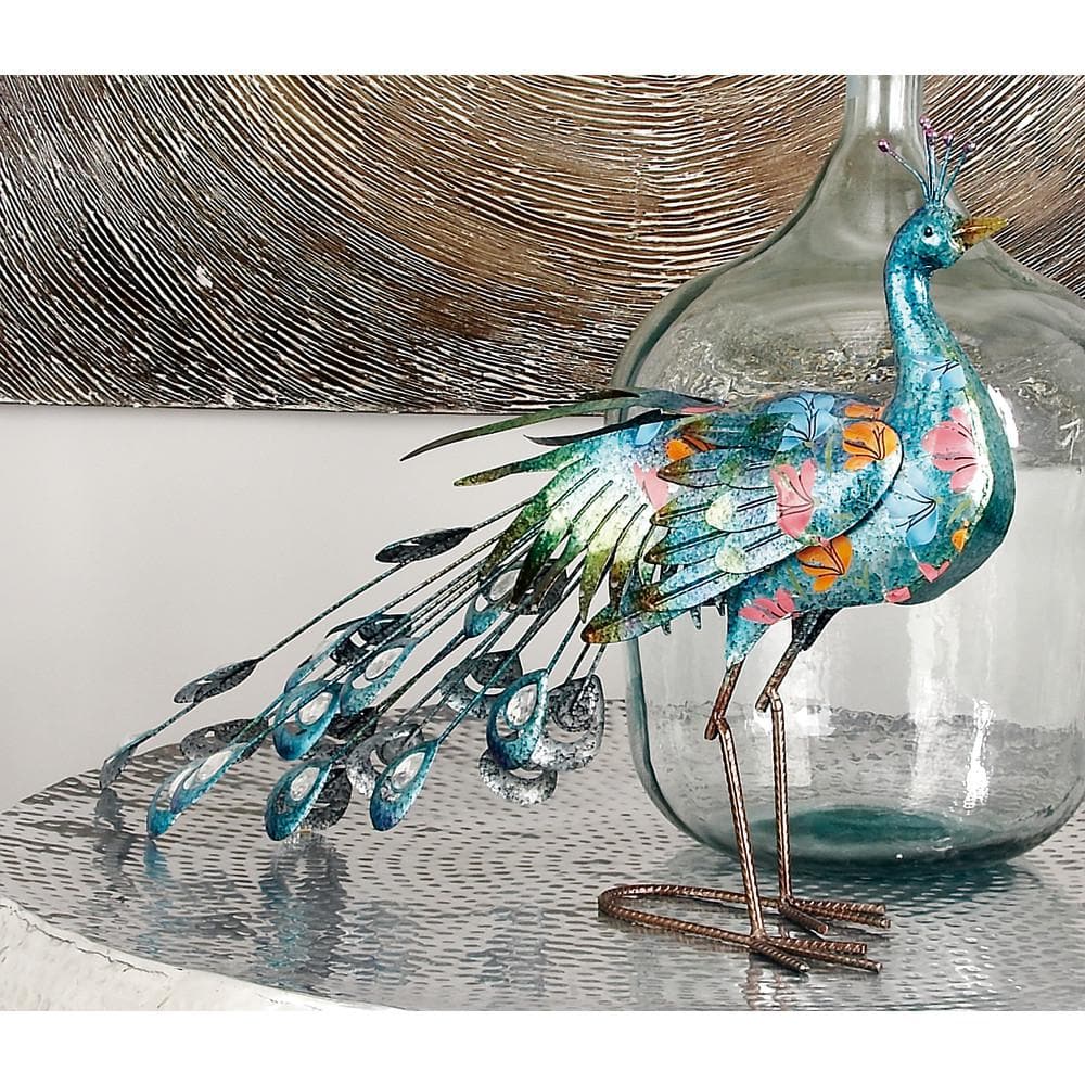 Teal and Blue Metal Peacock Garden Sculpture with Crystal Accents