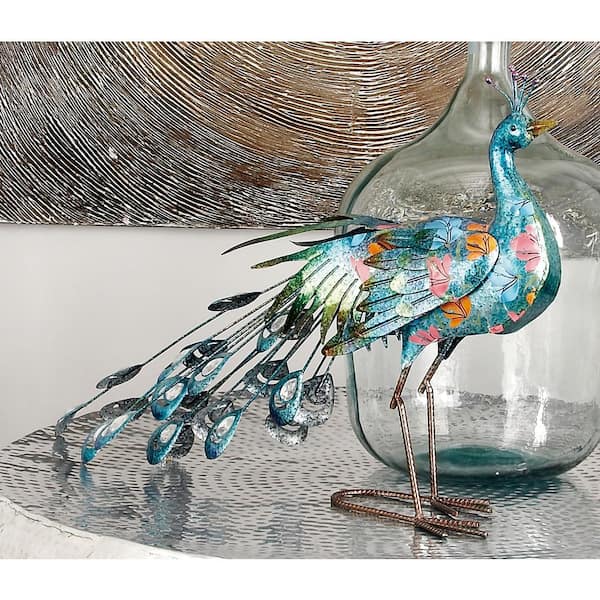 20 in. Metal Indoor Outdoor Peacock Garden Sculpture with Crystal Accents