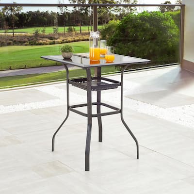 Square Metal Outdoor Bistro Table with Tempered Glass Top and Storage