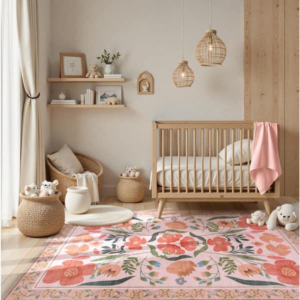 Lahome Cottagecore Floral Washable Non-Slip Beige 6 ft. x 9 ft