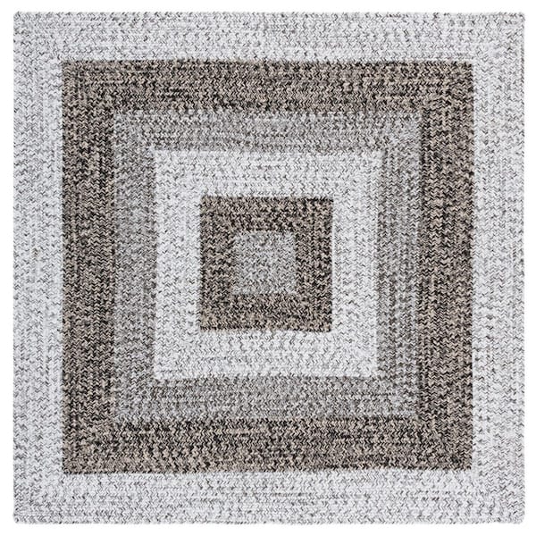Braided Ivory/Black 3 ft. x 3 ft. Machine Washable Solid Striped Border Square Area Rug