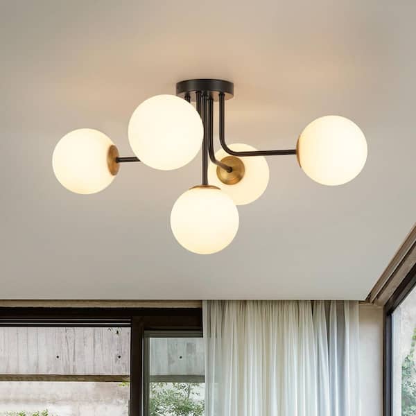 27.56 in. 5-Light Matte Black Industrial Semi-Flush Mount Modern Ceiling Light Sputnik Chandelier with White Glass Shade