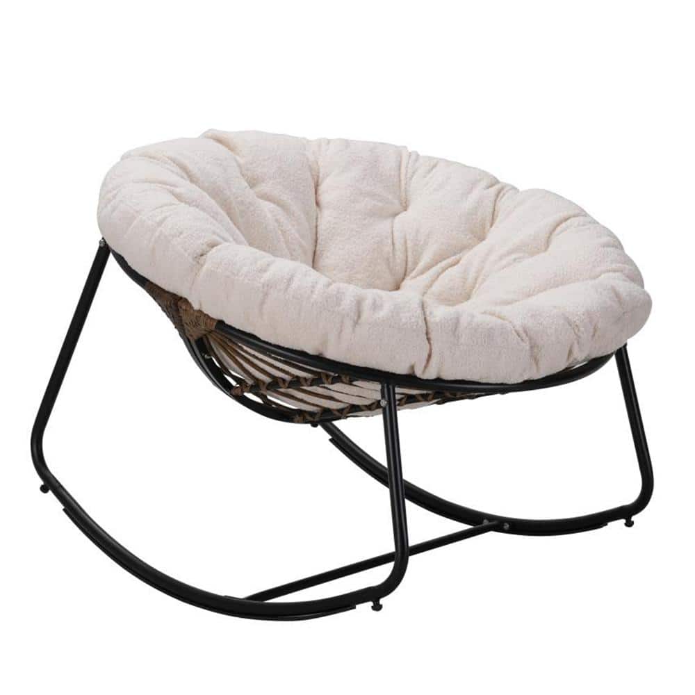 Dark Gray Wicker Outdoor Rocking Chair with Beige Cushions, Lounge Egg Chai