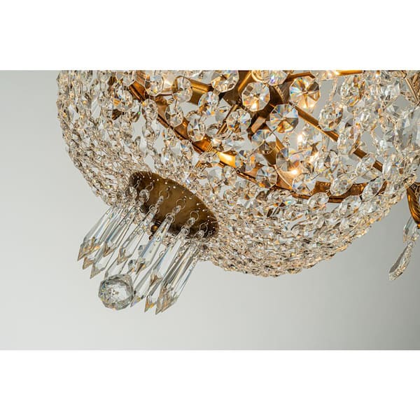 Antique 5 Arm Light Brass Chandelier W/ Faceted Crystals & Center Glass Ball