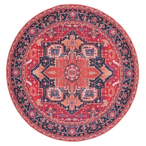 Serapi Red/Blue 7 ft. x 7 ft. Machine Washable Bohemian Floral Round Area Rug