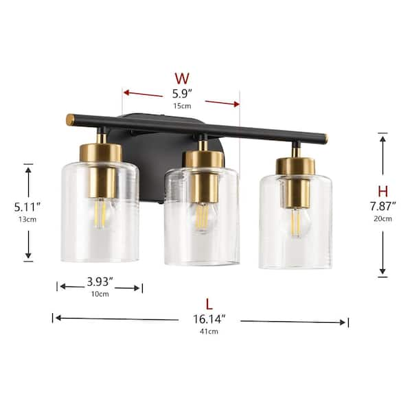 Aiwen Modern 16.14 in. 3-Light Black and Gold Bathroom Dimmable Vanity Light Fixture Over Mirror with Glass Shades