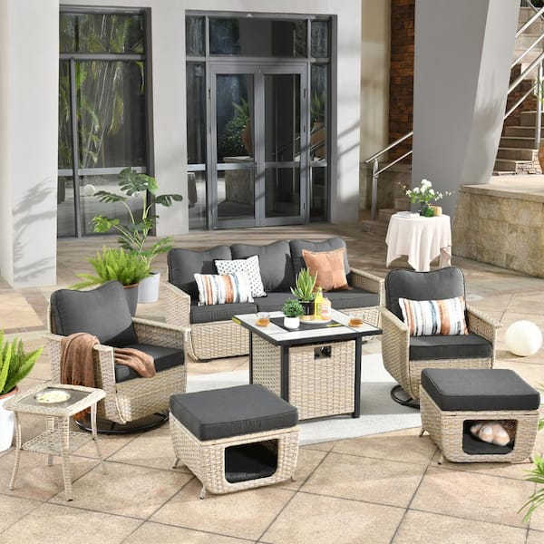HOOOWOOO Sierra Beige 7-Piece Wicker Multi-Functional Fire Pit Patio Conversation Sofa Set with Swivel Chairs and Black Cushions