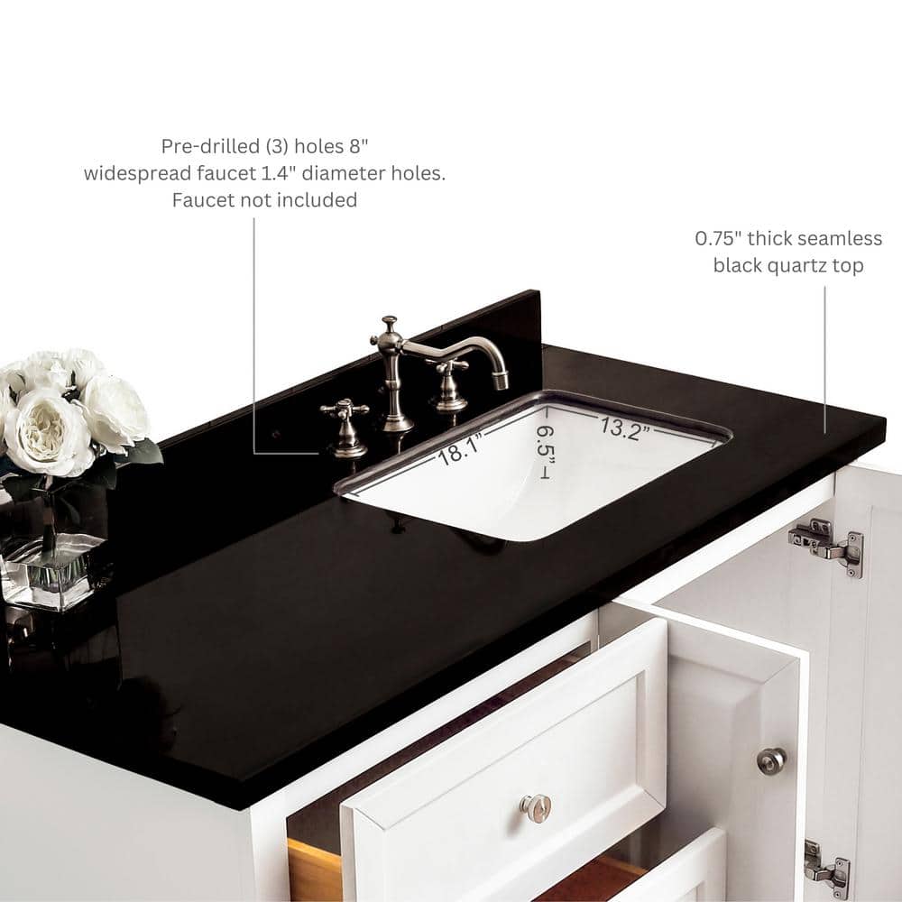 Hannah 48'' White Wood Freestanding Vanity with Black Quartz Top