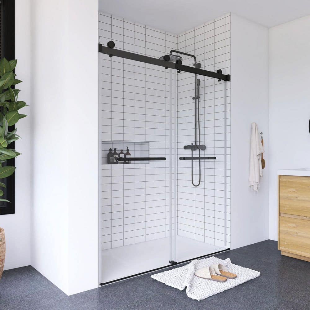 56-60" Frameless Clear Glass Double Sliding Shower Door in Matte Black