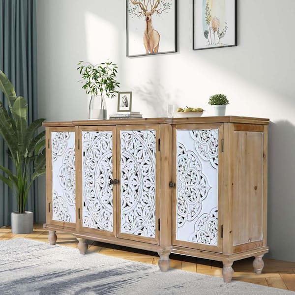 33 in. Brown 4-Door Wood Hollow-Carved Accent Cabinet-Distressed Wood Storage Cupboard with Adjustable Shelf for Living