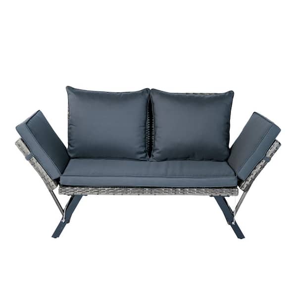 1-Piece Wicker Expandable Outdoor Loveseat with Dark Gray Cushions, Patio Side Foldable Bench