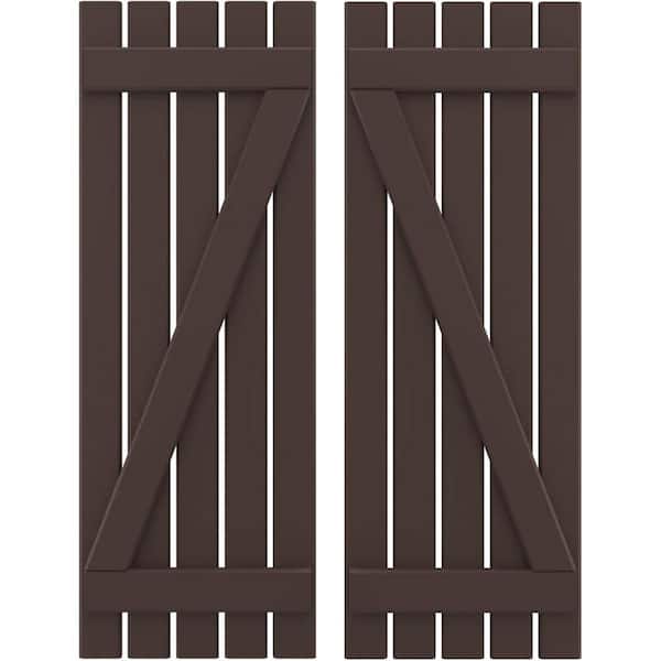 Ekena Millwork 19-1/2 in. W x 69 in. H Americraft 5 Board Exterior Real Wood Spaced Board and Batten Shutters with Z-Bar Raisin Brown
