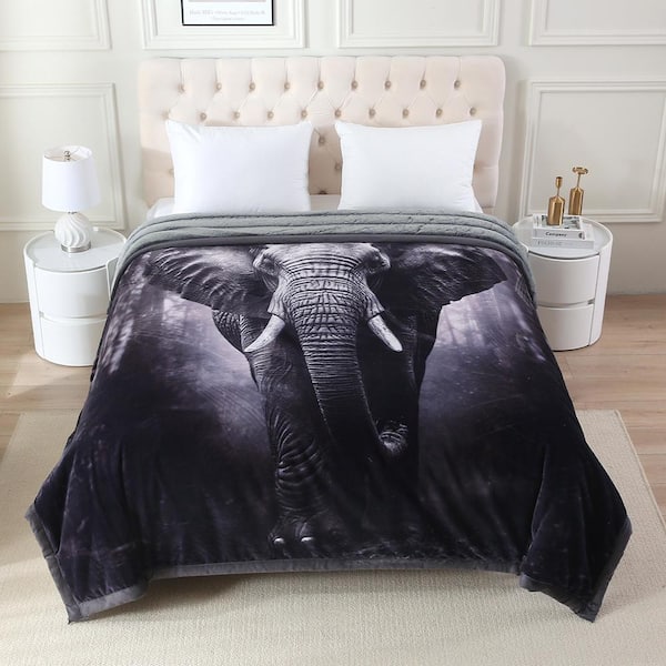 Elephant Pattern Rabbit Fur Blanket Striped Microfiber Plush Bed Blanket 85 in. x 93 in. 9LB