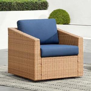 Cyril Brown Fabric 360° Swivel Wicker Accent Chair with Blue Cushions for Living Room or Backyard for Outdoor & Indoor