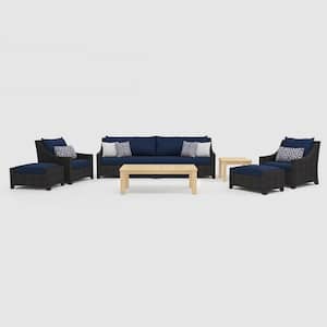 Deco/Kooper 8-Piece Wood Wicker Patio Conversation Set with Sunbrella Navy Blue Cushions